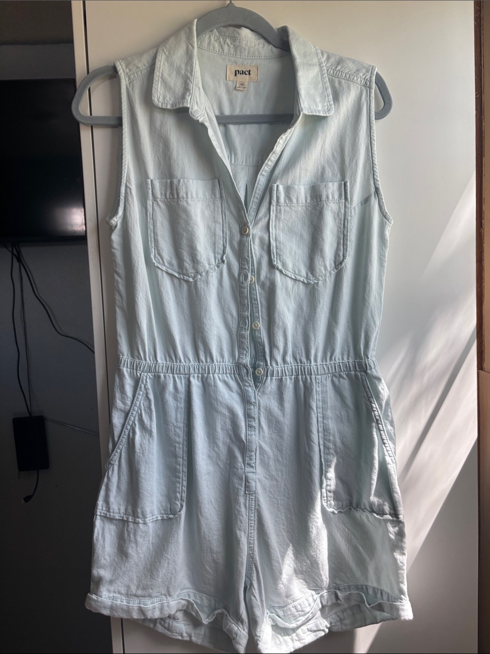 Pact Light Blue Sleeveless Denim Romper 100% Organic Cotton Size XS